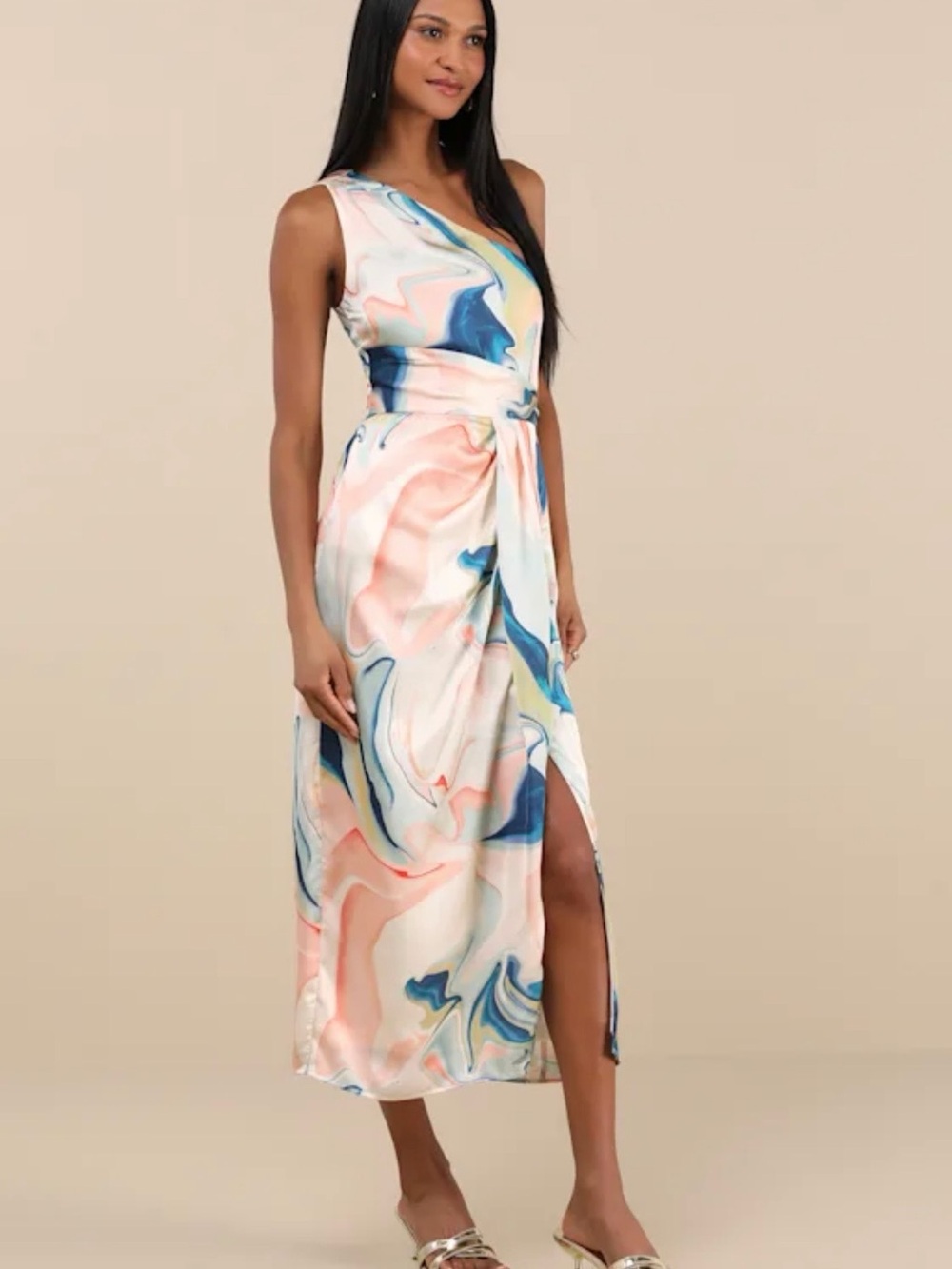 Lulu's One-Shoulder Marble-Print Maxi Dress in Pink, Blue & Cream